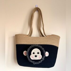 Handcrafted Tan and Black Tote Bag with Monkey Design
